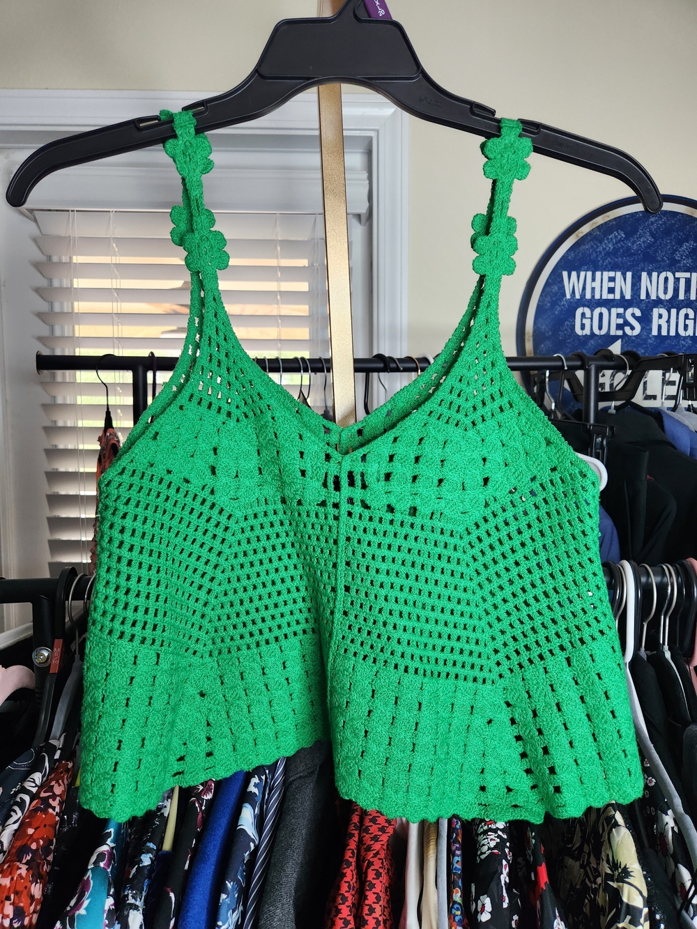 Aqua Bright Green Crochet V-Neck Camisole with Floral Straps